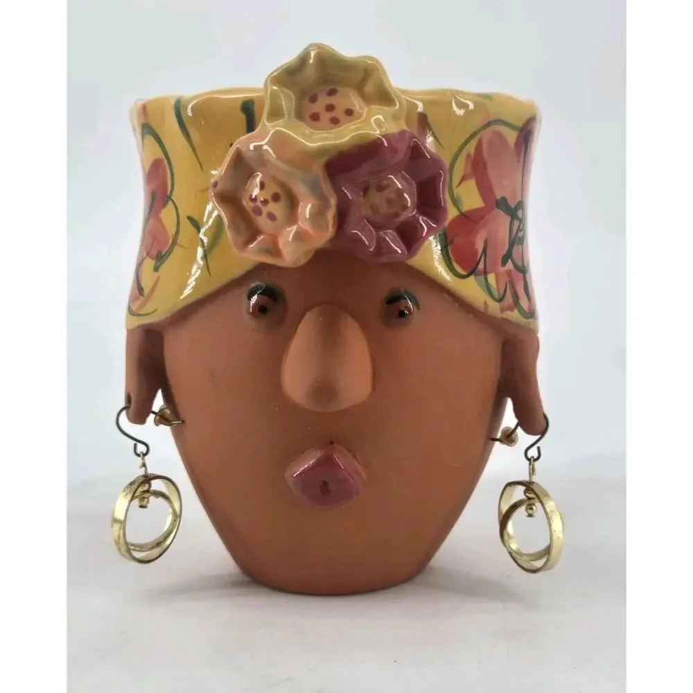 Vtg Whimsical Bird Brain 2005 Terra Cotta Lady Turban Planter Pot Head Yellow